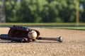 Baseball in a mitt with a black bat low angle selective focus view on a baseball field Royalty Free Stock Photo