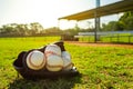 Baseball mitt filled with baseball balls sitting on the ball field in front of empty dugout during sunset Royalty Free Stock Photo