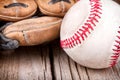 Baseball and mitt on wooden background Royalty Free Stock Photo