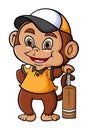 The baseball monkey player is holding the wooden bat