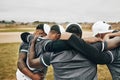 Baseball people and sport team strategy in huddle at game on field for motivational support. Professional men athlete Royalty Free Stock Photo