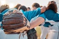 Baseball people and sport team together for huddle at match game on field for motivational support. Professional girl Royalty Free Stock Photo