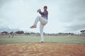 Baseball pitch, athlete and man from Guatemala ready to throw for exercise, training and game workout. Team fitness