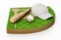 Baseball pitch, cap, ball and bat isolated on white background. 3D illustration