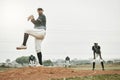Baseball, pitch and outdoor sports teamwork game with a man team player from Mexico. Pitcher busy with athlete exercise