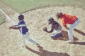 Baseball, pitch and sports game bat at training, exercise and workout on an outdoor field. Fitness and cardio of athlete