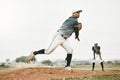 Baseball, pitch and team sports of a man pitcher busy with teamwork, fitness and fast ball throw. Baseball player