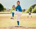 Baseball pitcher, ball sports and a athlete woman ready to throw and pitch during a competitive game or match on a court Royalty Free Stock Photo