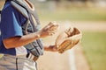 Baseball pitcher, sports and man athlete with ball and glove ready to throw at game or training. Fitness, exercise and Royalty Free Stock Photo