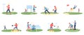 Baseball play scenes. Catcher and pitcher in american sport, young athletes hitting and catching balls. Cartoon sporting