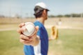 Baseball player, ball and man hands in fitness game, workout match or training competition sports field. Zoom, softball Royalty Free Stock Photo