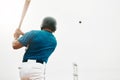 Baseball player, bat and homerun with sky and baseball for sports, game or contest outdoor in summer. Man, sport and hit Royalty Free Stock Photo