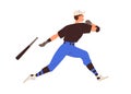 Baseball player batter running fast, dropping bat. Hitter athlete playing sport game, training. Happy smiling sportsman