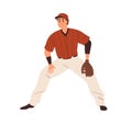 Baseball player catcher with glove on hand. Athlete sportsman playing sport field game, standing in waiting position