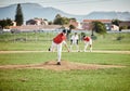 Baseball player, competitive and athlete throw or pitch ball in a match, game or training with a softball team. Sports Royalty Free Stock Photo