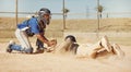 Baseball, baseball player and diving on home plate sand of field ground sports pitch on athletic sports ball game Royalty Free Stock Photo