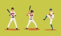 Baseball Player on Green Sport Field Playing Bat-and-ball Game Vector Set