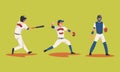 Baseball Player on Green Sport Field Playing Bat-and-ball Game Vector Set