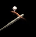 Baseball player hit ball with silver bat and sand soil explode in air. Baseball players in dynamic action hit ball smoke tail.