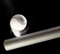 Baseball player hit ball with silver bat and sand soil explode in air. Baseball players in dynamic action hit ball smoke tail.