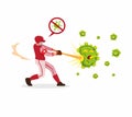 Baseball player hitting bacteria to stop corona virus spreading illustration in cartoon flat vector isolated in white background Royalty Free Stock Photo