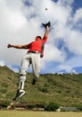 Baseball player jumps to catch a fly ball Royalty Free Stock Photo