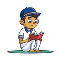 Baseball player reading book on field with hat Royalty Free Stock Photo