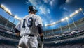 Baseball player ready in center of arena, wide view as stadium banner for optimal search relevance