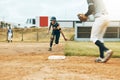 Baseball, player and running on field for plate in game, match or contest. Baseball player, team and pitch for sports Royalty Free Stock Photo