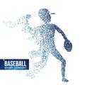 Baseball Player Silhouette Vector. Grunge Halftone Dots. Dynamic Baseball Athlete In Action. Flying Dotted Particles