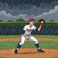 Baseball player standing on a pitcher\'s mound during a rainstorm. The player wears a Royalty Free Stock Photo