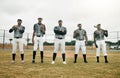 Baseball player, team and baseball field, fitness and sport, sports equipment, athlete ready and motivation. Young, men Royalty Free Stock Photo