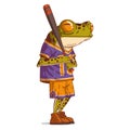 A baseball player, vector illustration. Calm anthropomorphic frog, wearing a basketball uniform and holding a baseball bat over