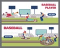 Baseball players on field catching and throwing ball, web banners set - flat vector illustration. Royalty Free Stock Photo