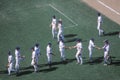 Baseball players greeting each other