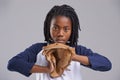 Baseball, portrait and child glove in a studio with game, sport and fitness gear with catcher of a kid. Youth and Royalty Free Stock Photo