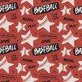 Baseball seamless color pattern with text and stars. Hand-drawn background, sports wallpaper for children`s textiles. Royalty Free Stock Photo