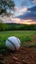 Baseball sits on a field at dusk with a sky filled with clouds at twilight. Royalty Free Stock Photo