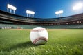 A baseball sits on the infield grass of an empty stadium under the bright lights at night Royalty Free Stock Photo