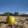 Baseball softball on the sand diamond area with grass and trees in the distance