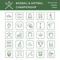 Baseball, softball sport game vector line icons. Ball, bat, field, helmet, pitching machine, catcher mask. Linear signs Royalty Free Stock Photo