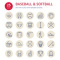 Baseball, softball sport game vector line icons. Ball, bat, field, helmet, pitching machine, catcher mask. Linear signs Royalty Free Stock Photo