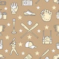 Baseball, softball sport game vector seamless pattern, background with line icons of balls, player, gloves, bat, helmet Royalty Free Stock Photo