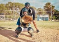 Baseball, sport and training with a sports man or catcher on a field for a competitive game or match outside. Exercise Royalty Free Stock Photo