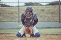 Baseball, sports and catch a ball with a man athlete or catcher on a field during a game or match. Fitness, exercise and Royalty Free Stock Photo