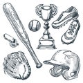 Baseball sports equipment. Vector hand drawn sketch illustration. Ball, glove, baseball bat, helmet icons Royalty Free Stock Photo