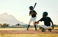 Baseball, sports and players on a field for a game, training and competition. Team challenge, waiting and boys on a Royalty Free Stock Photo