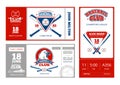 Baseball sports ticket vector design with vintage baseball team emblems