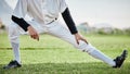 Baseball stadium, stretching legs or athlete on field ready for training match on grass in summer. Body of man, fitness Royalty Free Stock Photo