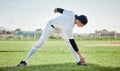 Baseball stadium, stretching legs or man on field ready for training match on grass in summer. Healthy athlete, fitness Royalty Free Stock Photo